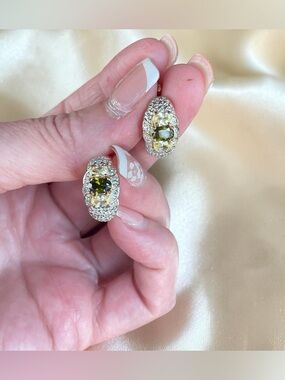 Signed 925 R China Vermeil Green & Yellow CZ Huggie Earrings